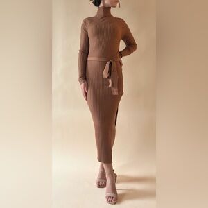 Chic Long Sleeve Brown Knit Dress